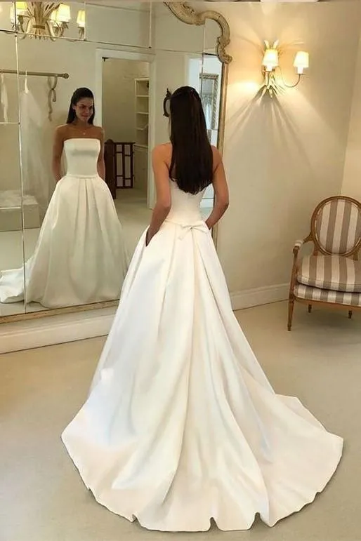 Strapless Open Back Satin Wedding Gown with Pockets