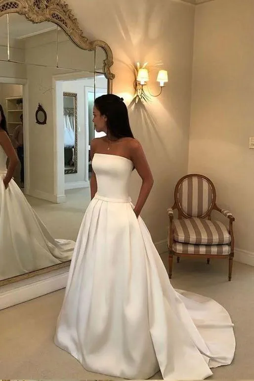 Strapless Open Back Satin Wedding Gown with Pockets