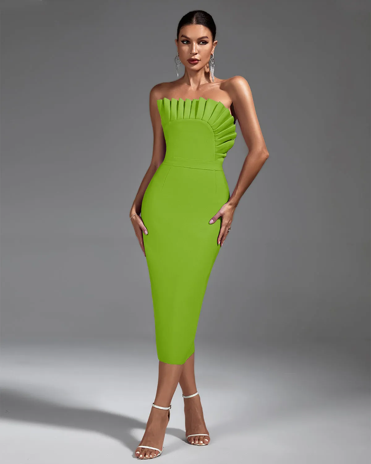 Strapless Pleated Midi Bandage Dress