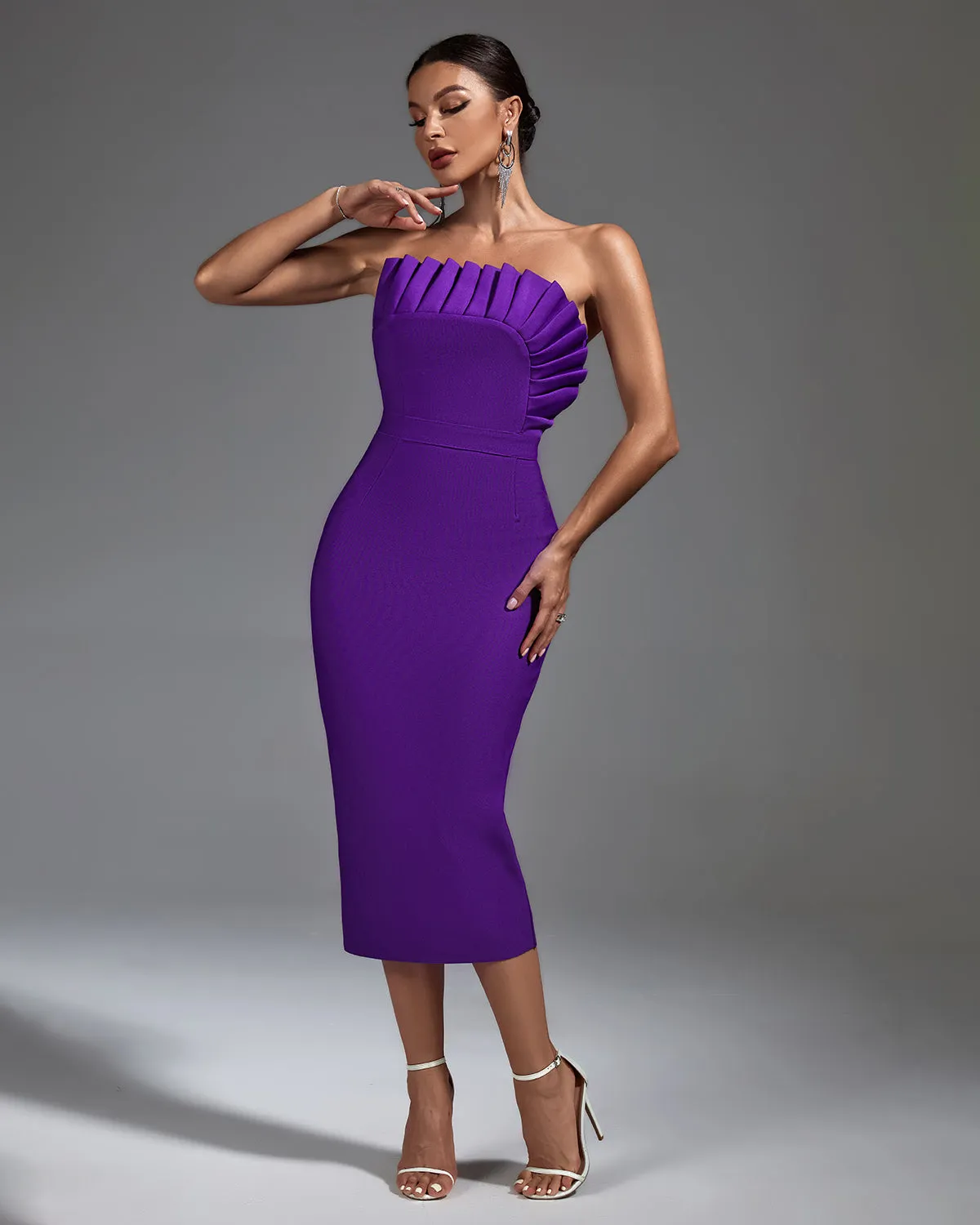 Strapless Pleated Midi Bandage Dress