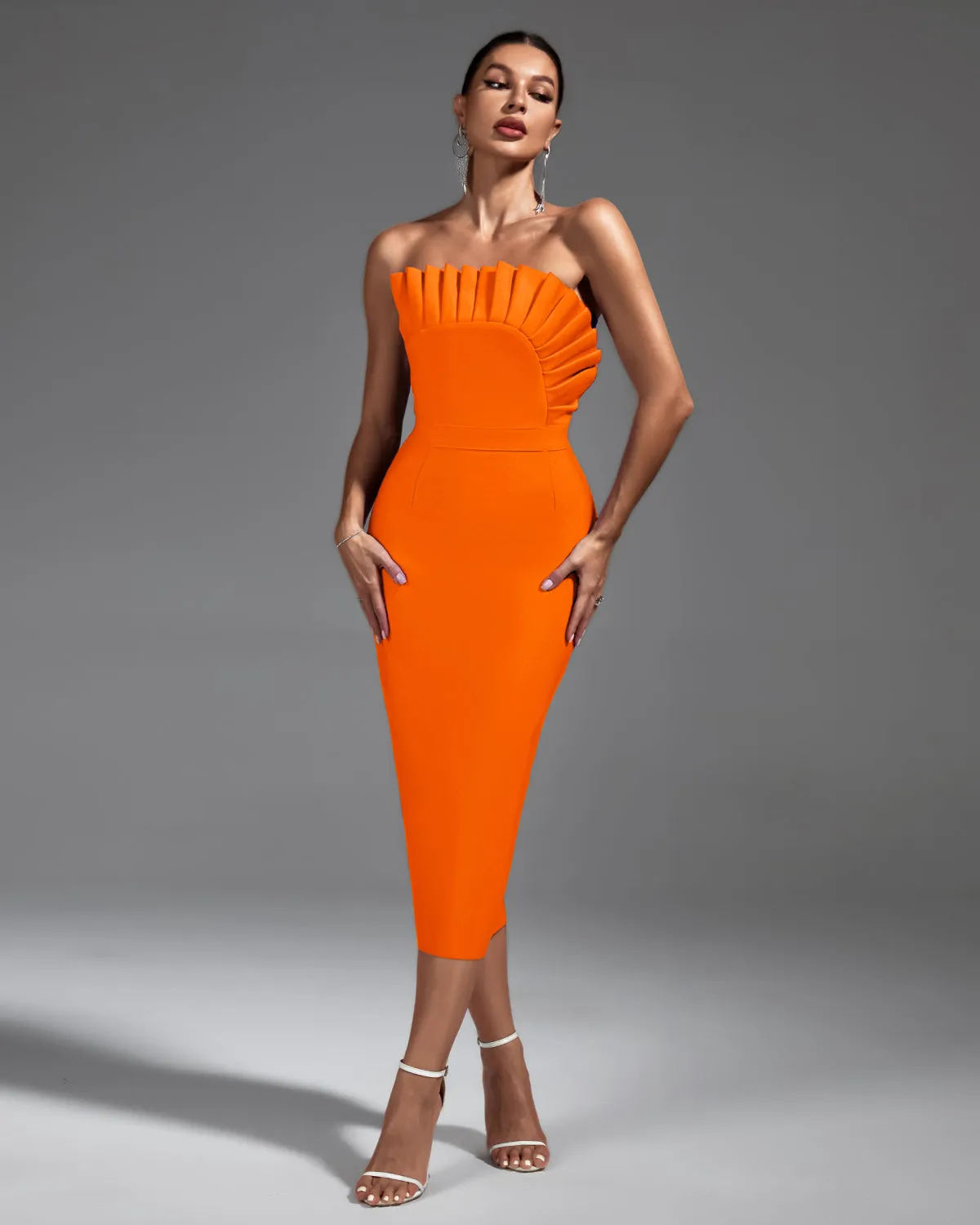 Strapless Pleated Midi Bandage Dress