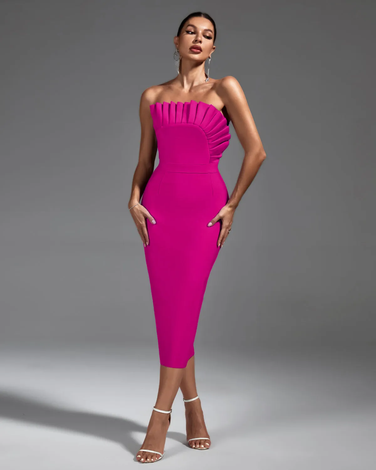 Strapless Pleated Midi Bandage Dress