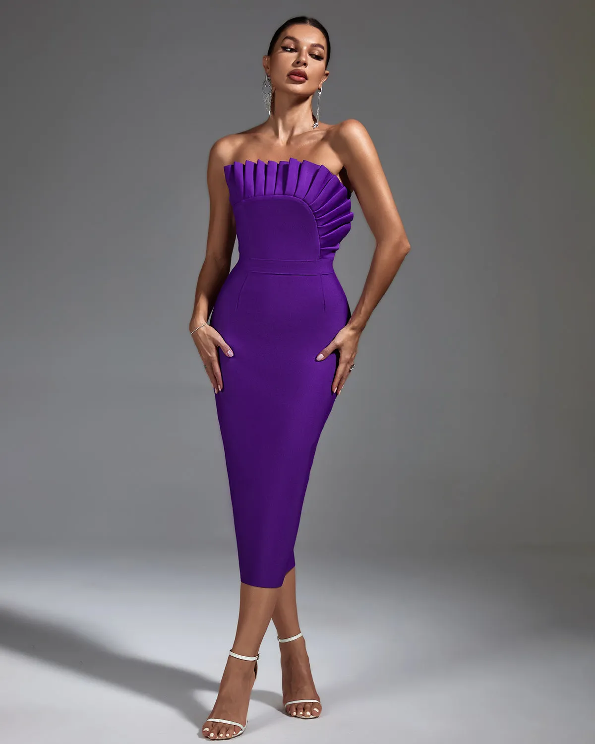 Strapless Pleated Midi Bandage Dress