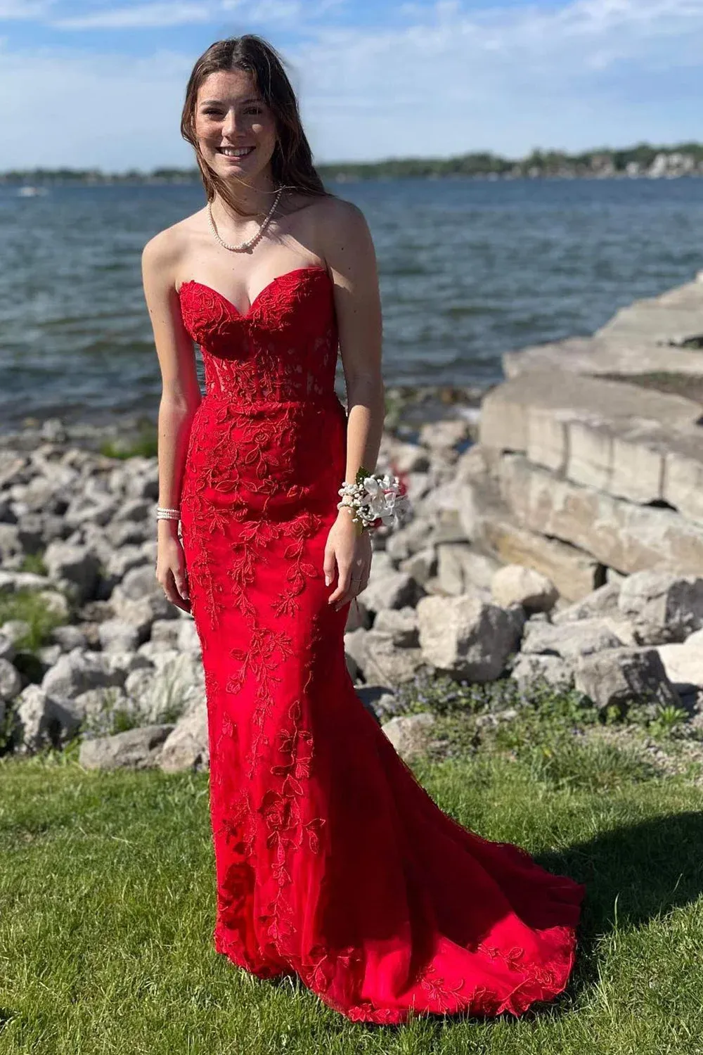 Sweetheart Lace Appliques Mermaid Prom Dresses