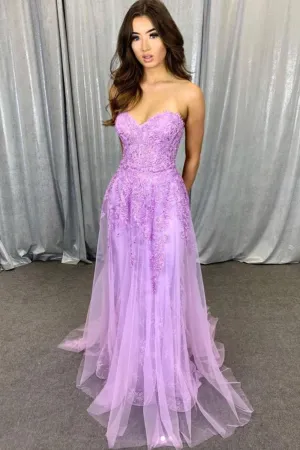 Sweetheart Neck Strapless Purple Lace Long Prom Dress, Long Purple Lace Formal Graduation Evening Dress