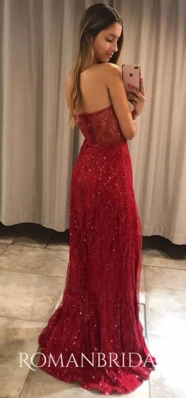 Sweetheart Strapless Red Sequins Slits Mermaid Evening Gowns Prom Dresses , WGP158