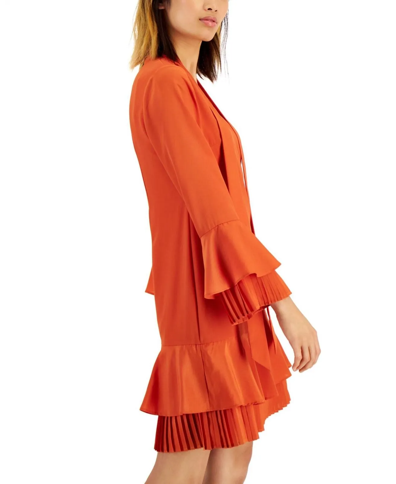 Tahari Asl Women's Pleated-Trim Tie-Neck Dress 2AM188-T2 Burnt Orange 12