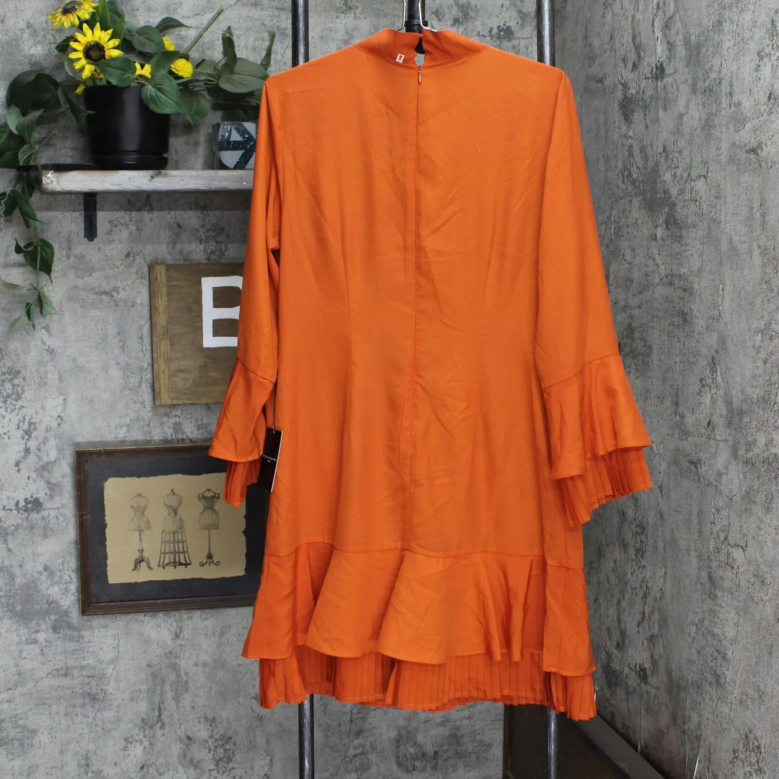 Tahari Asl Women's Pleated-Trim Tie-Neck Dress 2AM188-T2 Burnt Orange 12