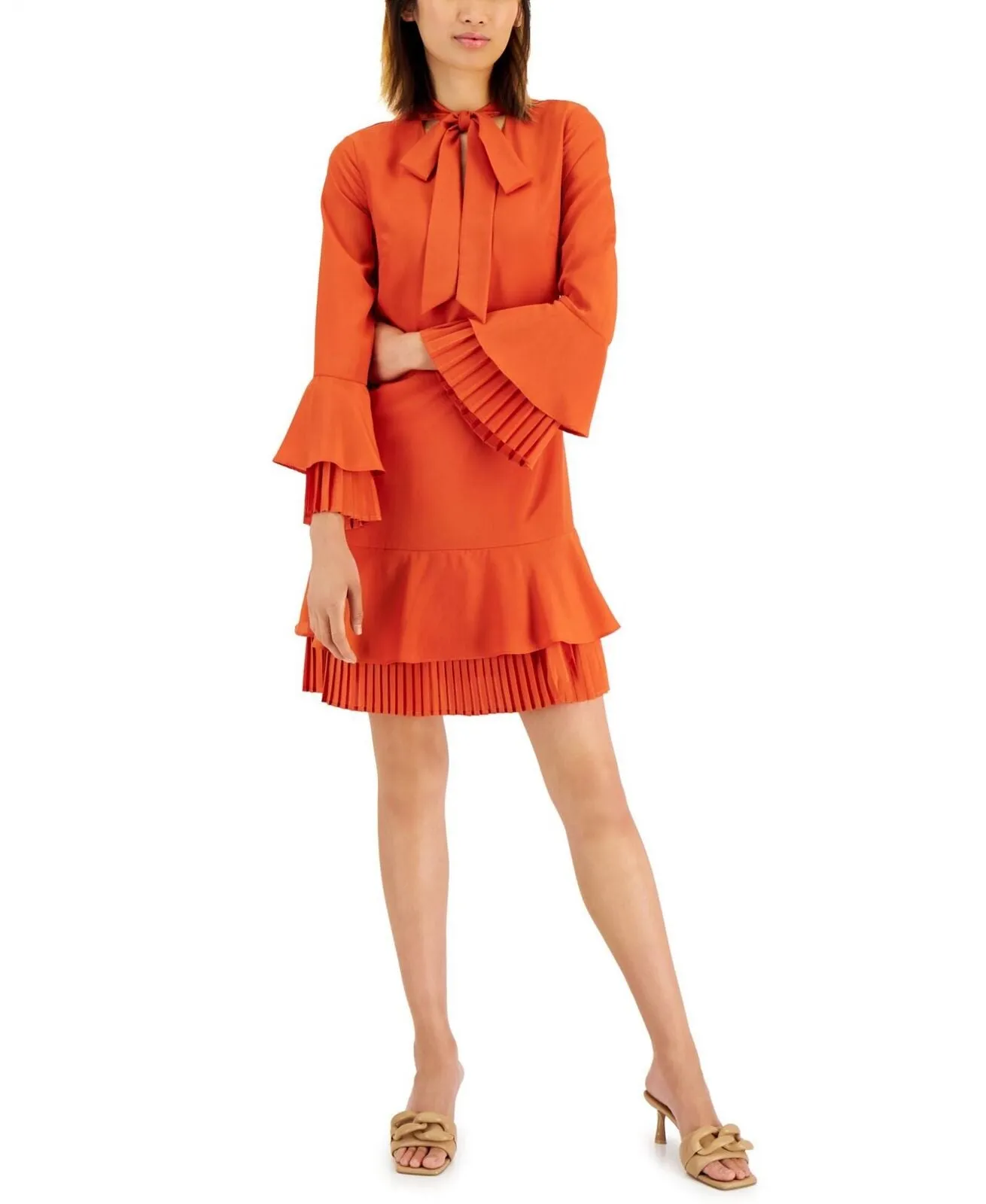 Tahari Asl Women's Pleated-Trim Tie-Neck Dress 2AM188-T2 Burnt Orange 12