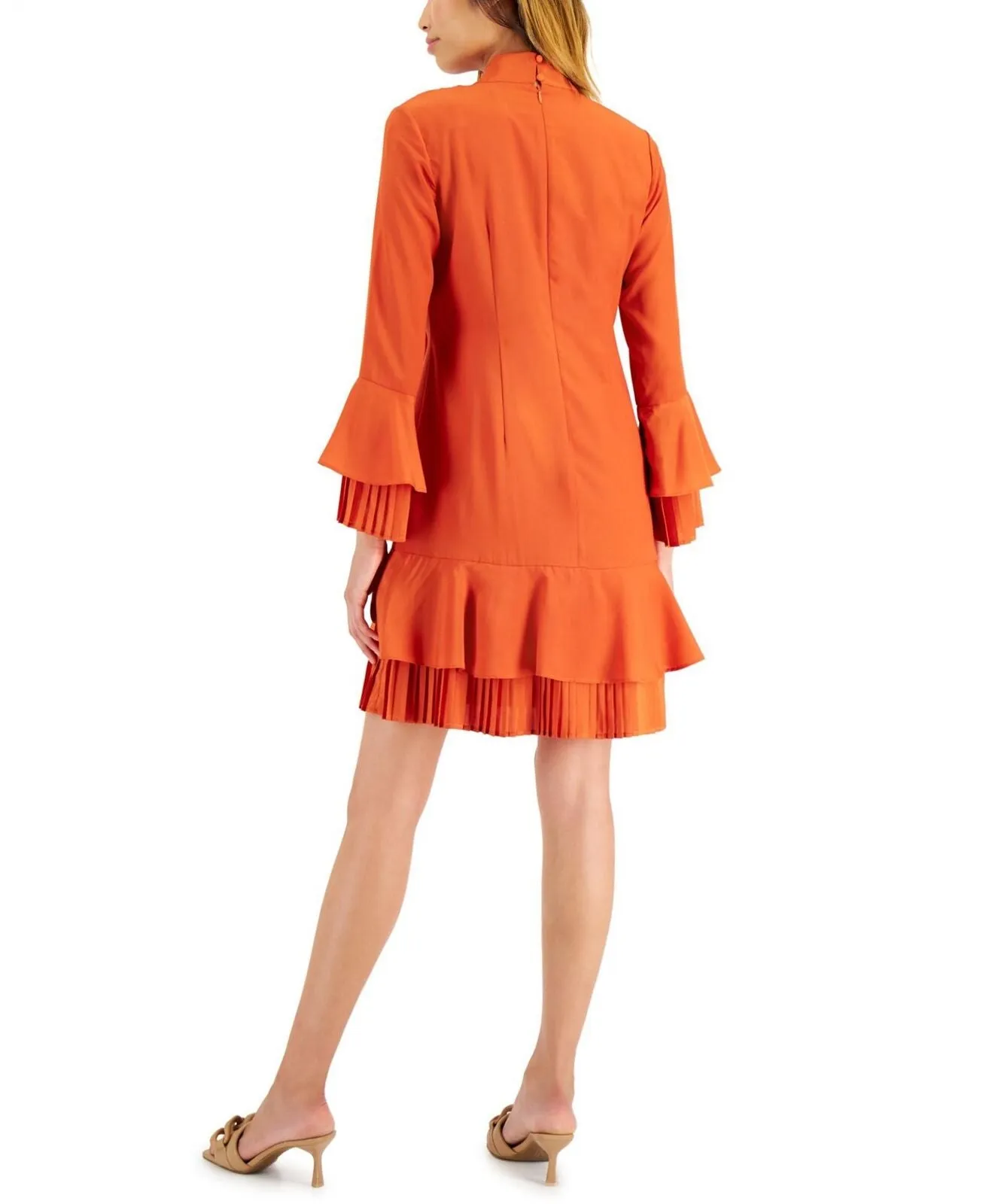 Tahari Asl Women's Pleated-Trim Tie-Neck Dress 2AM188-T2 Burnt Orange 12