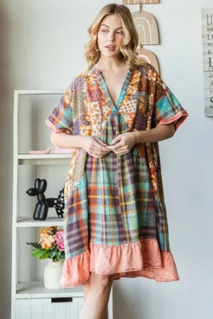 Teal Plaid Mix Print V Neck Dress