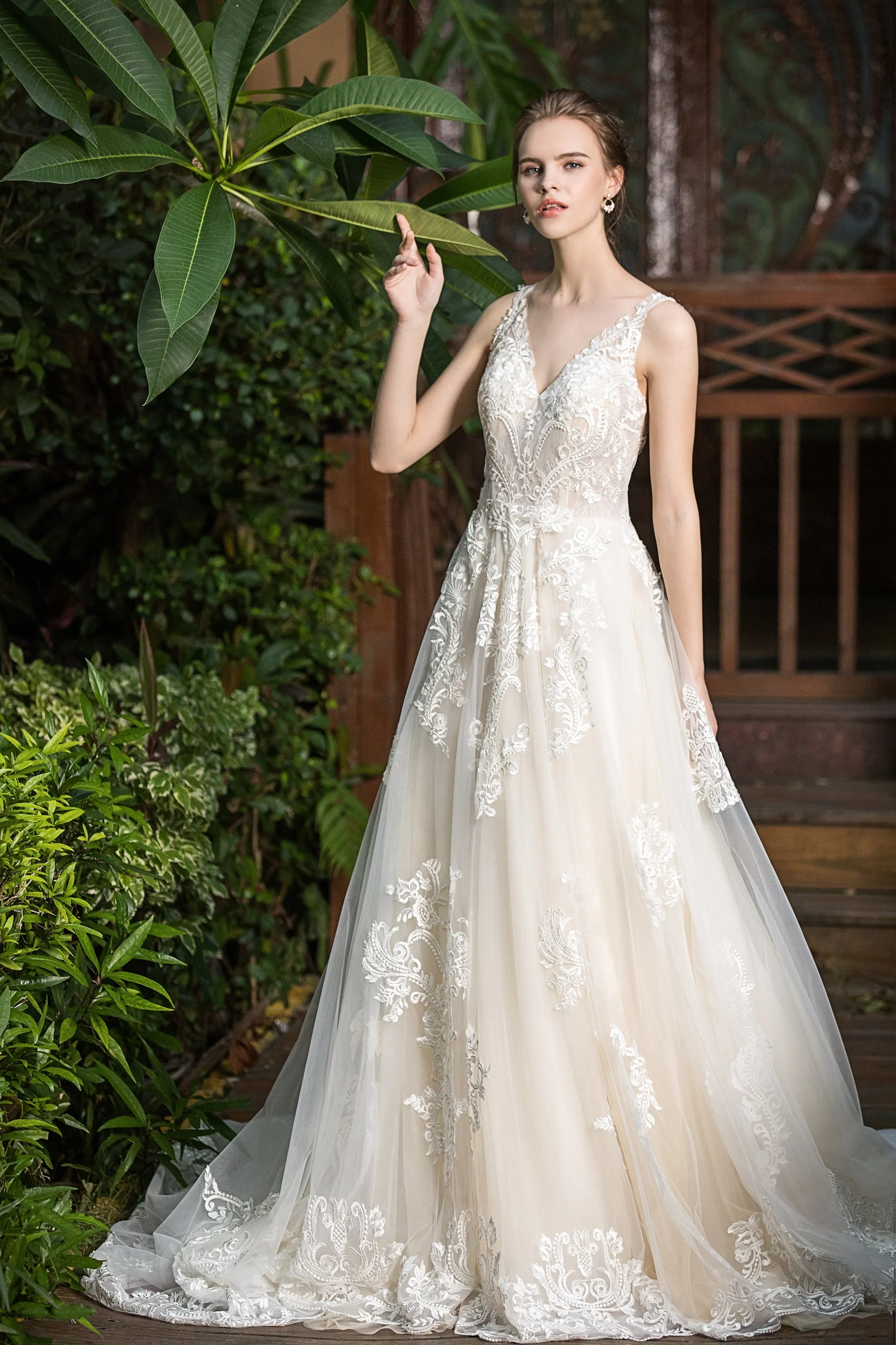 Thea - Selena Huan shimmering embroidered Italy lace V-neck ballgown dress