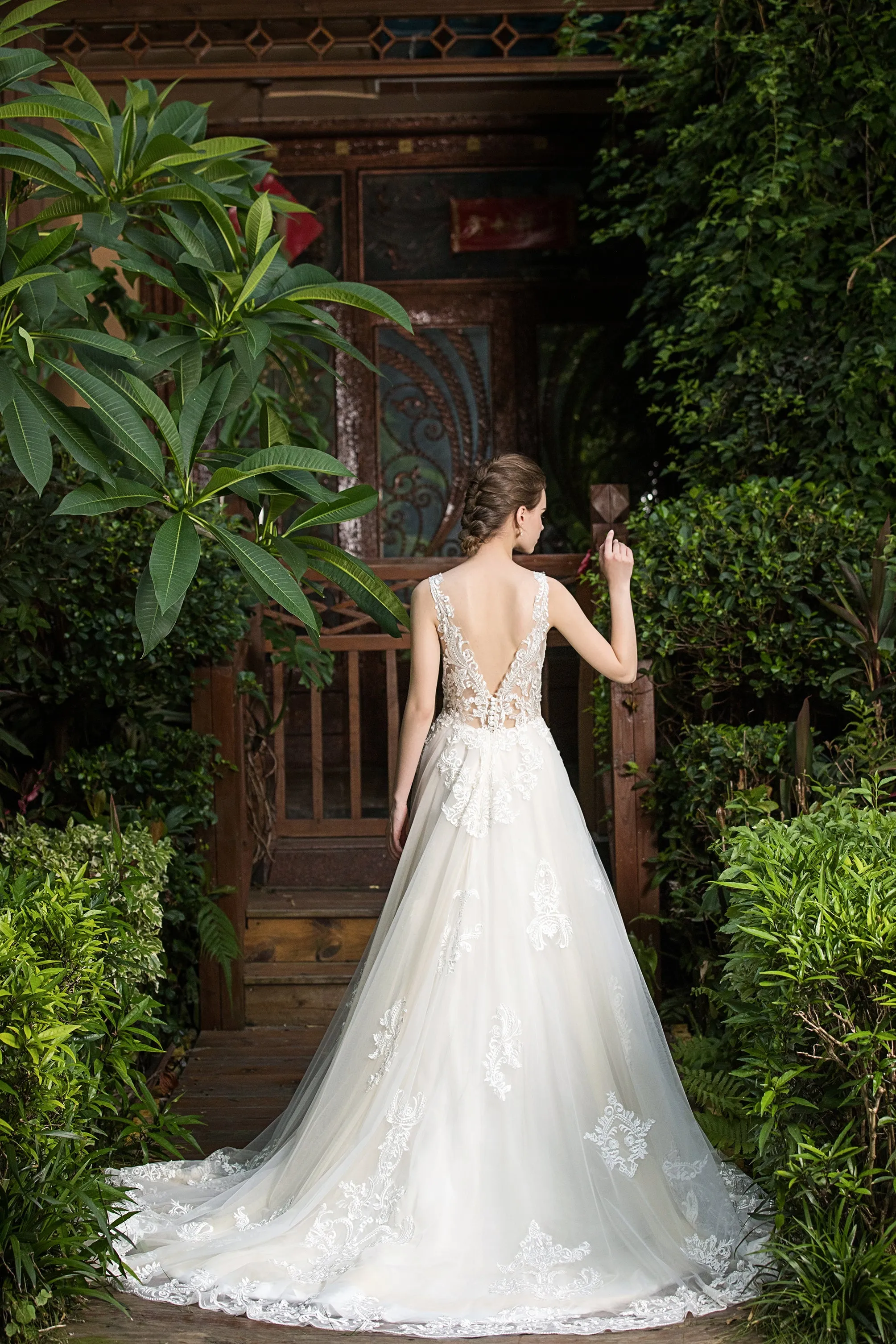 Thea - Selena Huan shimmering embroidered Italy lace V-neck ballgown dress