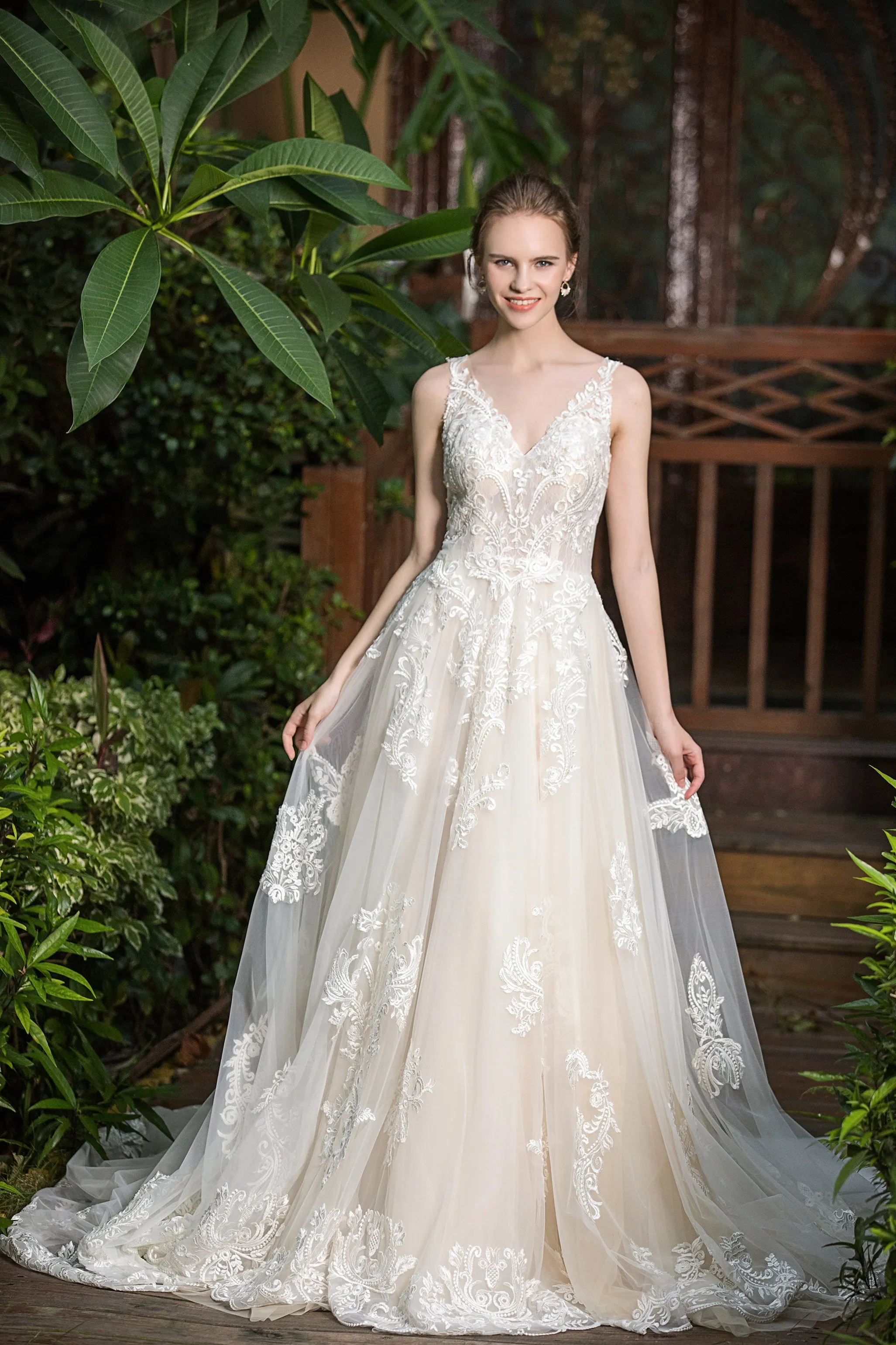 Thea - Selena Huan shimmering embroidered Italy lace V-neck ballgown dress