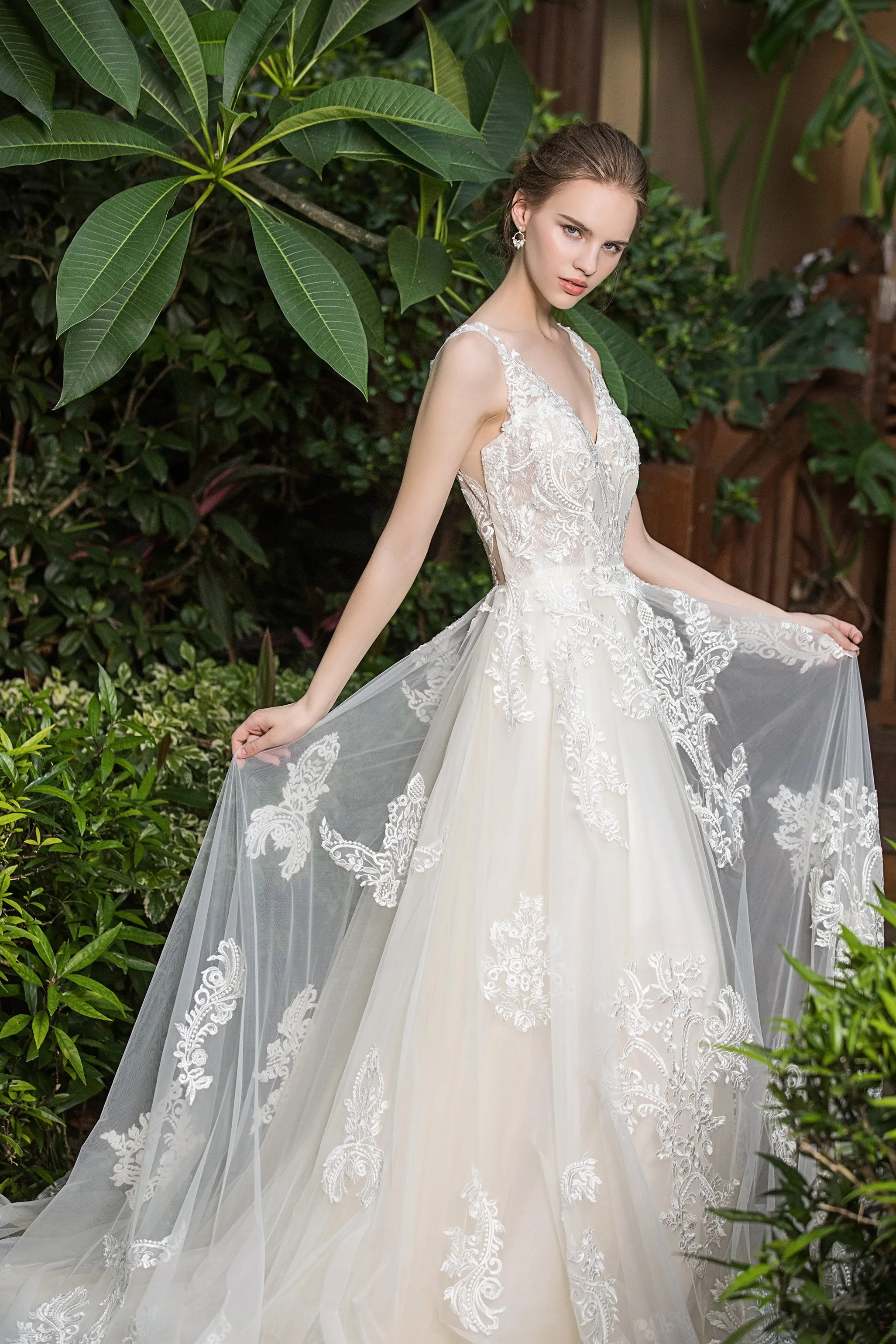 Thea - Selena Huan shimmering embroidered Italy lace V-neck ballgown dress