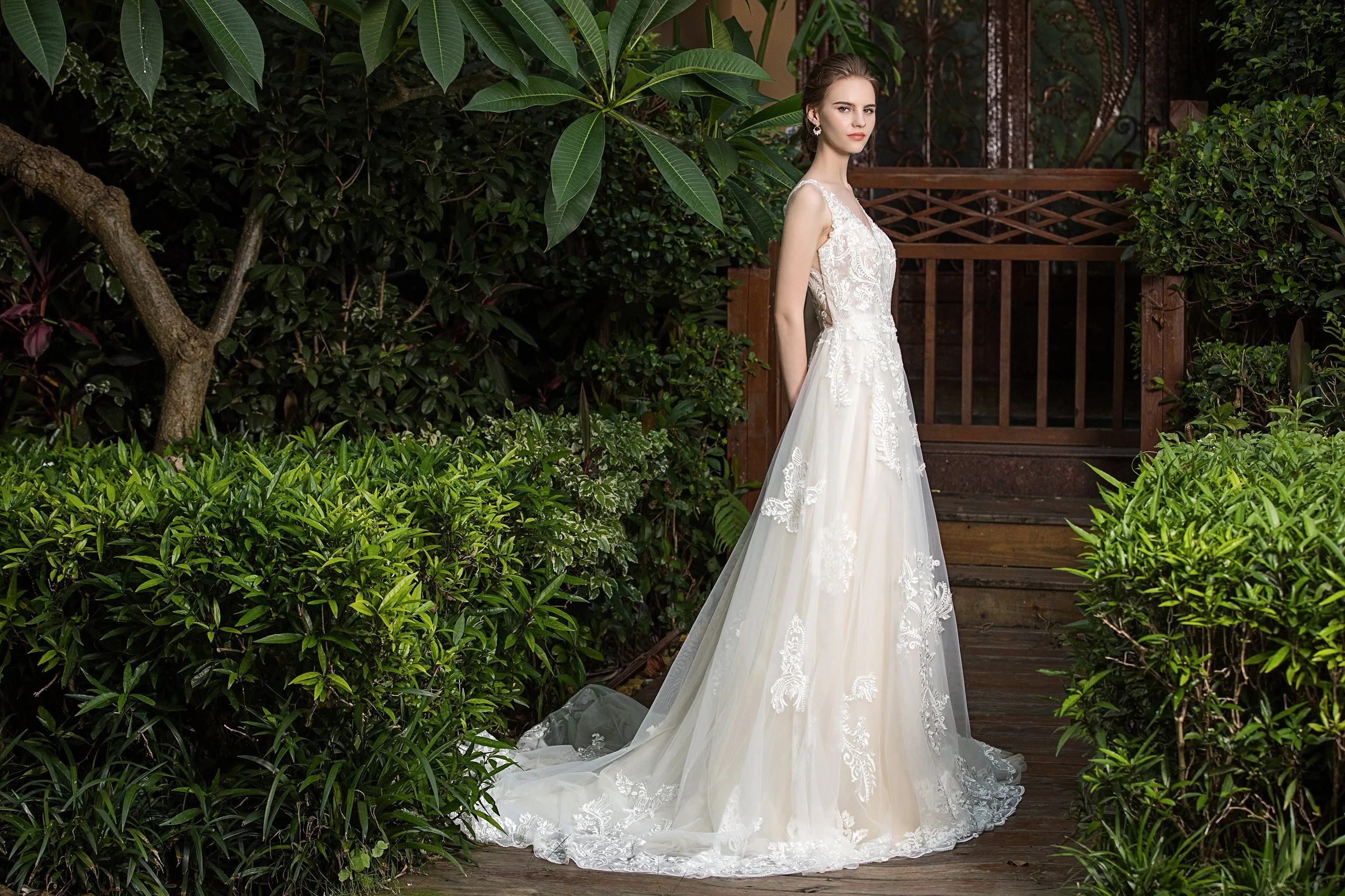 Thea - Selena Huan shimmering embroidered Italy lace V-neck ballgown dress
