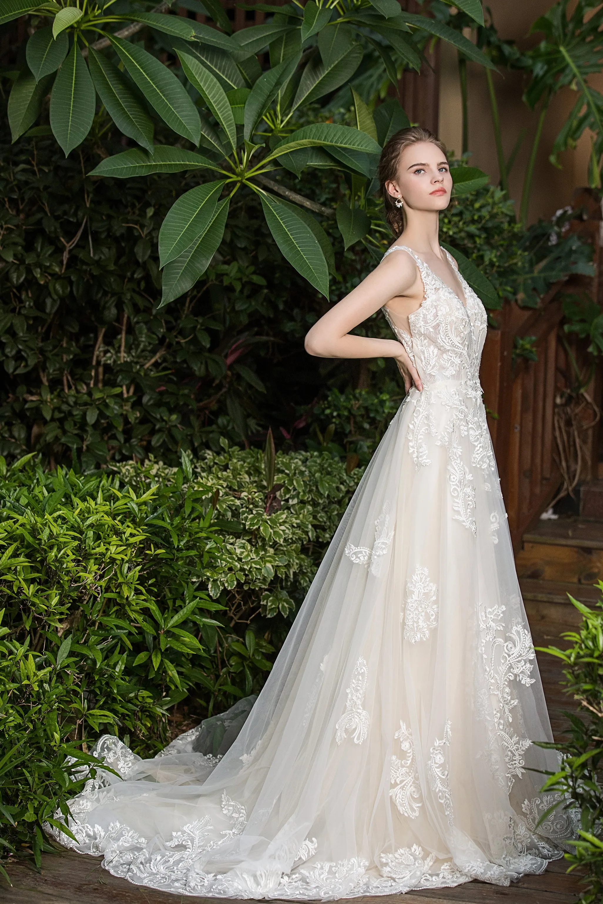 Thea - Selena Huan shimmering embroidered Italy lace V-neck ballgown dress