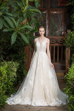 Thea - Selena Huan shimmering embroidered Italy lace V-neck ballgown dress