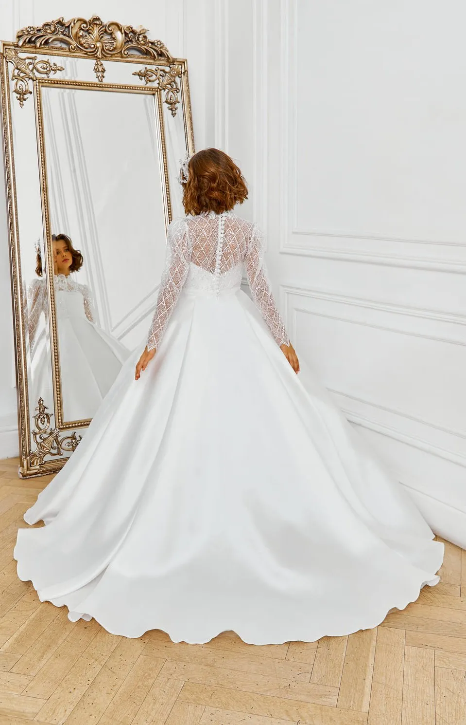 Toronto - Long sleeve Satin Girl Dress with Train in Ivory