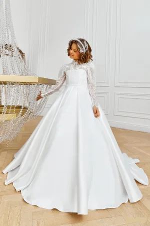 Toronto - Long sleeve Satin Girl Dress with Train in Ivory