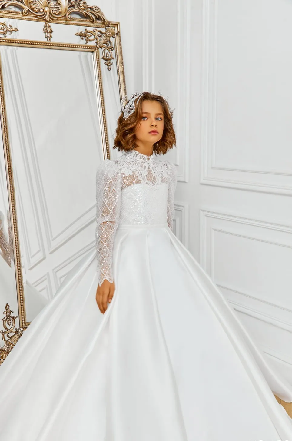 Toronto - Long sleeve Satin Girl Dress with Train in Ivory
