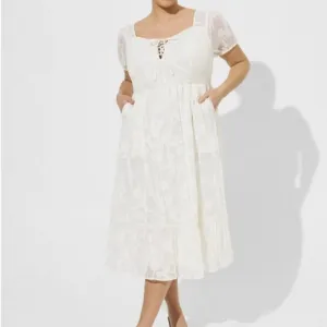 Torrid Midi Cotton Clip Dot Lace Up Smocked Dress