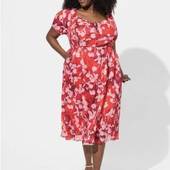 Torrid Midi Cotton Clip Dot Lace Up Smocked Dress