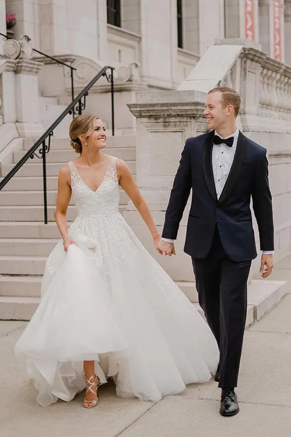 Tulle A-line Backless V-neck Wedding Dress With Lace Appliques, Bridal Gown, MW883