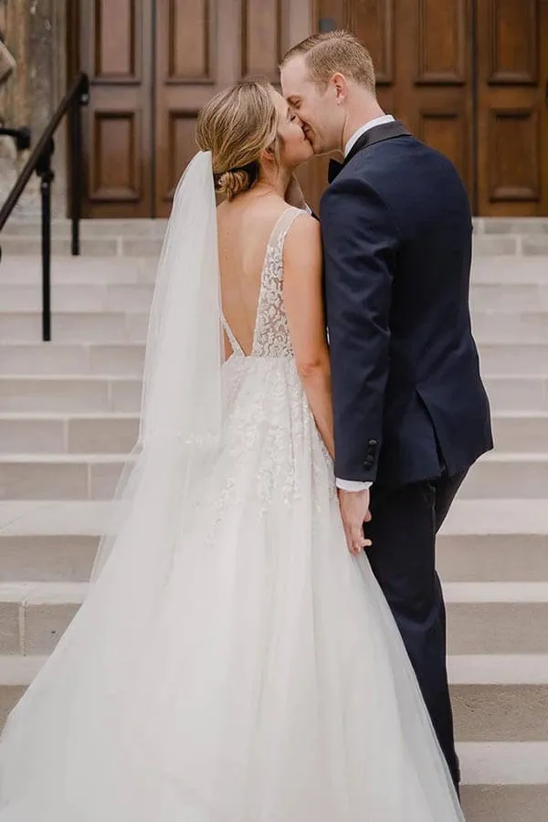 Tulle A-line Backless V-neck Wedding Dress With Lace Appliques, Bridal Gown, MW883