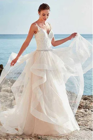 Tulle A-line Beaded Spaghetti Straps Backless Wedding Dress, Bridal Gown, MW734