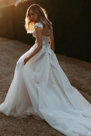 Tulle A-line Sweetheart Neck Beach Wedding Dresses With Lace Appliques, MW938