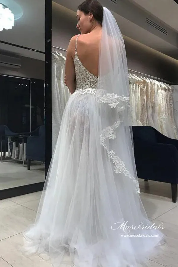 Tulle A-line V-neck Spaghetti Straps Backless Wedding Dress With Lace, MW998