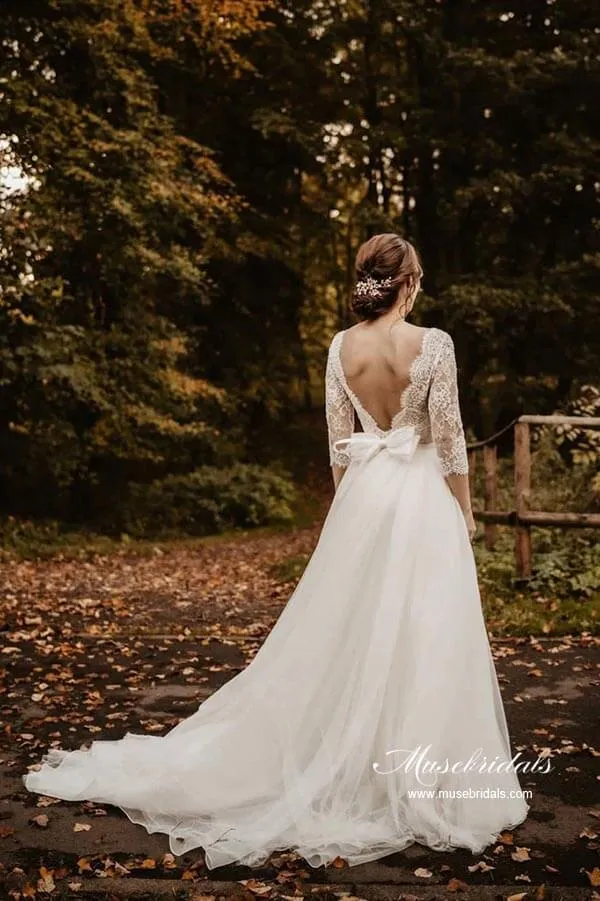 Tulle Lace A-line 3/4 Sleeves Backless Wedding Dresses, Bridal Gown, MW878