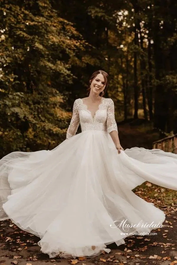 Tulle Lace A-line 3/4 Sleeves Backless Wedding Dresses, Bridal Gown, MW878