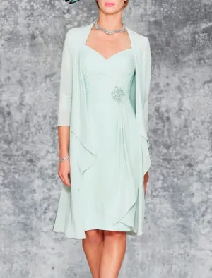 Two Piece Sheath Sweetheart Knee Length Chiffon Mother of Bride Dress, Lace Embroidery