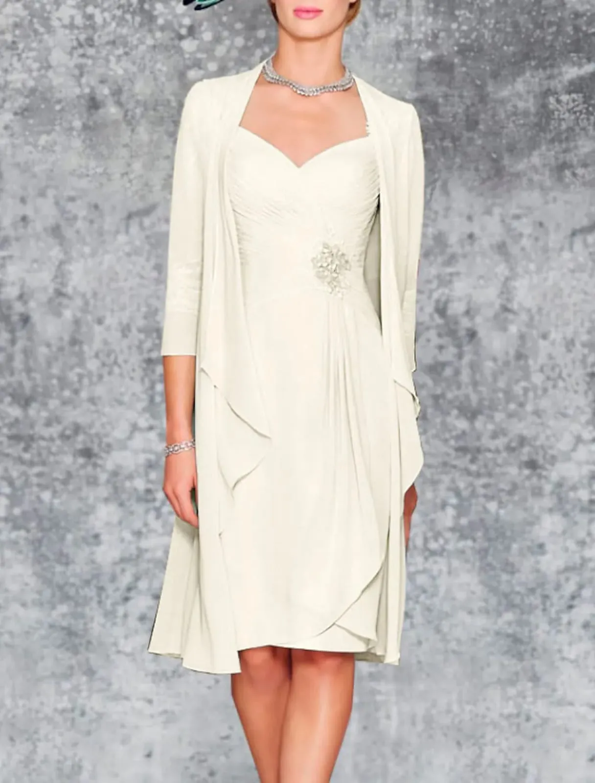 Two Piece Sheath Sweetheart Knee Length Chiffon Mother of Bride Dress, Lace Embroidery