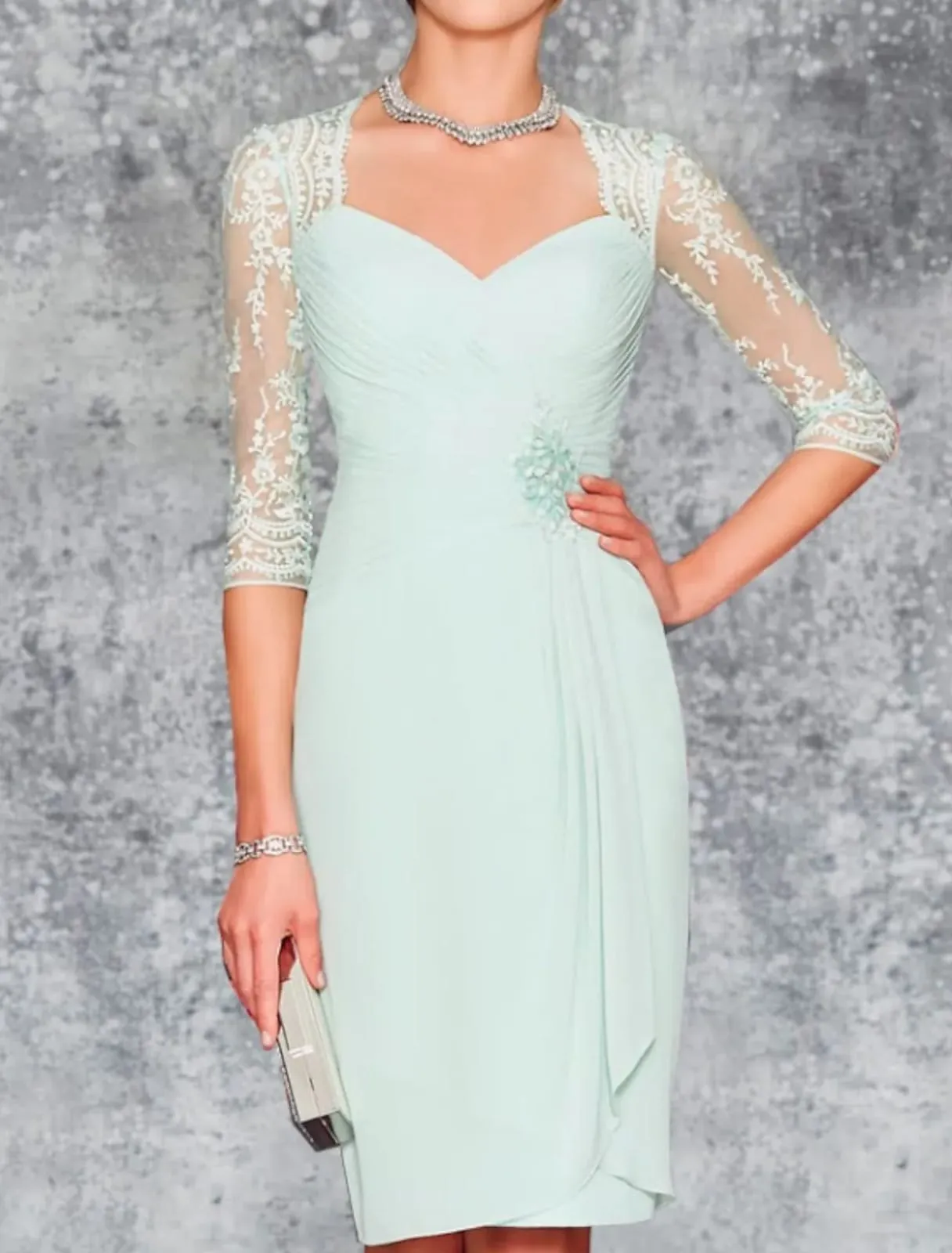 Two Piece Sheath Sweetheart Knee Length Chiffon Mother of Bride Dress, Lace Embroidery