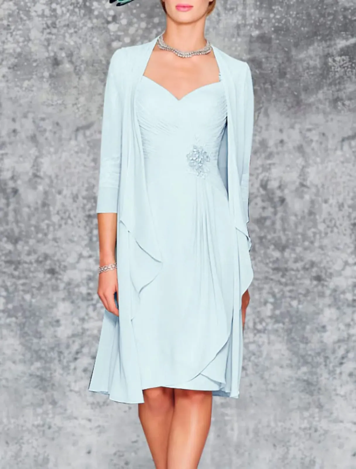 Two Piece Sheath Sweetheart Knee Length Chiffon Mother of Bride Dress, Lace Embroidery