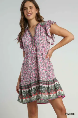 Umgee Ruffle Sleeve V-Neck Dress