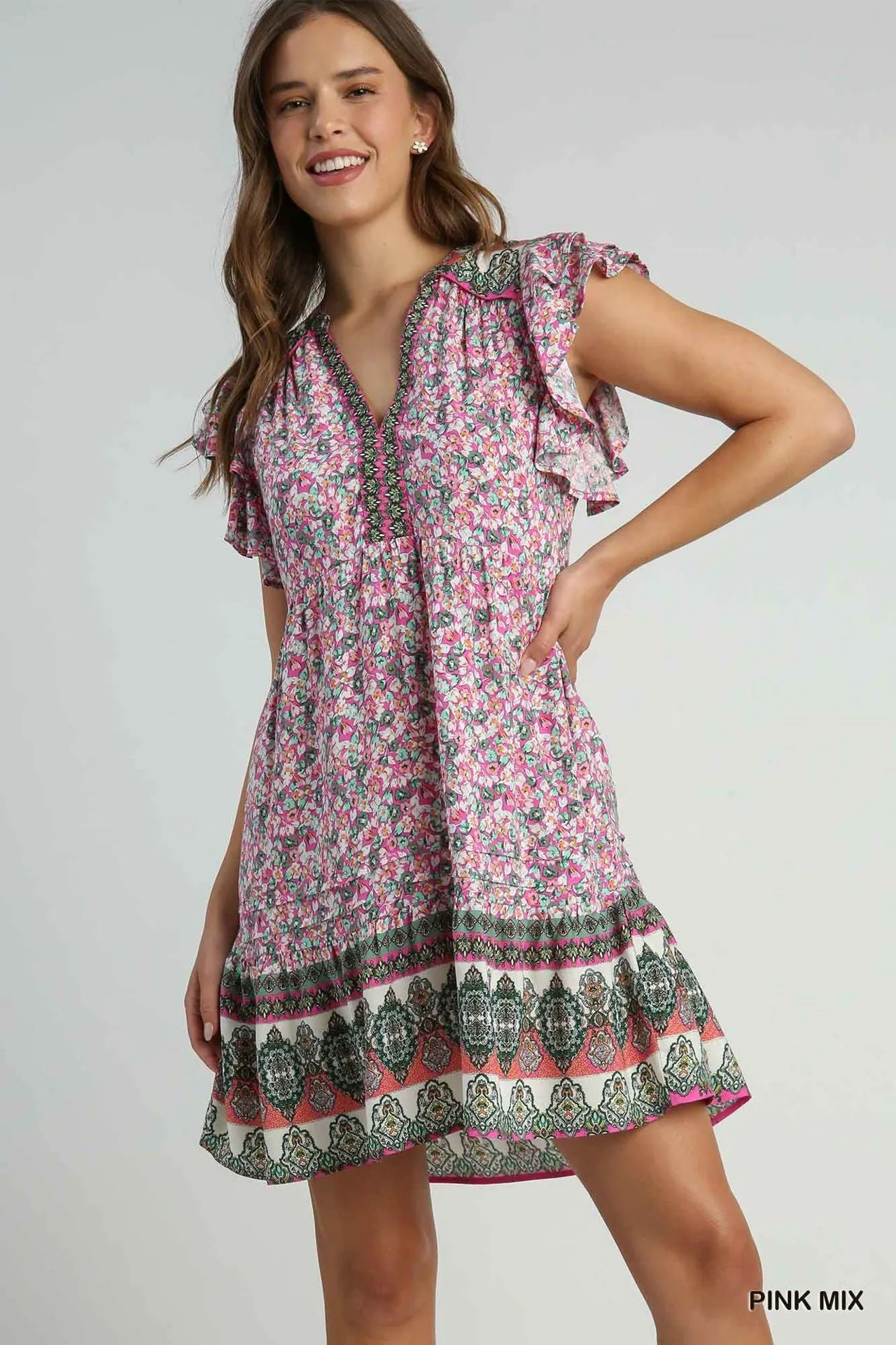Umgee Ruffle Sleeve V-Neck Dress