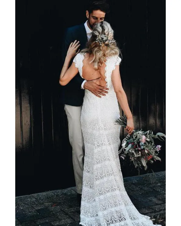Unique Bohemian Lace Wedding Dresses Cap Sleeve Sexy Backless Beach Wedding Gowns