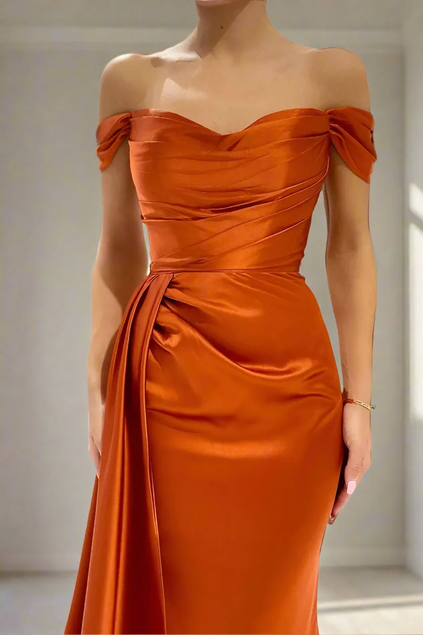 Unique Off The Shoulder Burnt Orange Ruched Mermaid Prom Dress