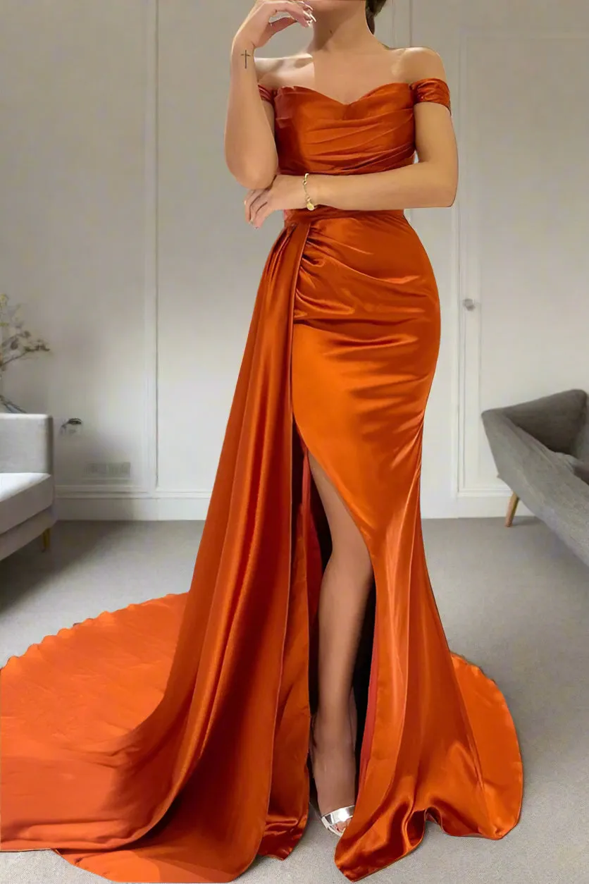 Unique Off The Shoulder Burnt Orange Ruched Mermaid Prom Dress