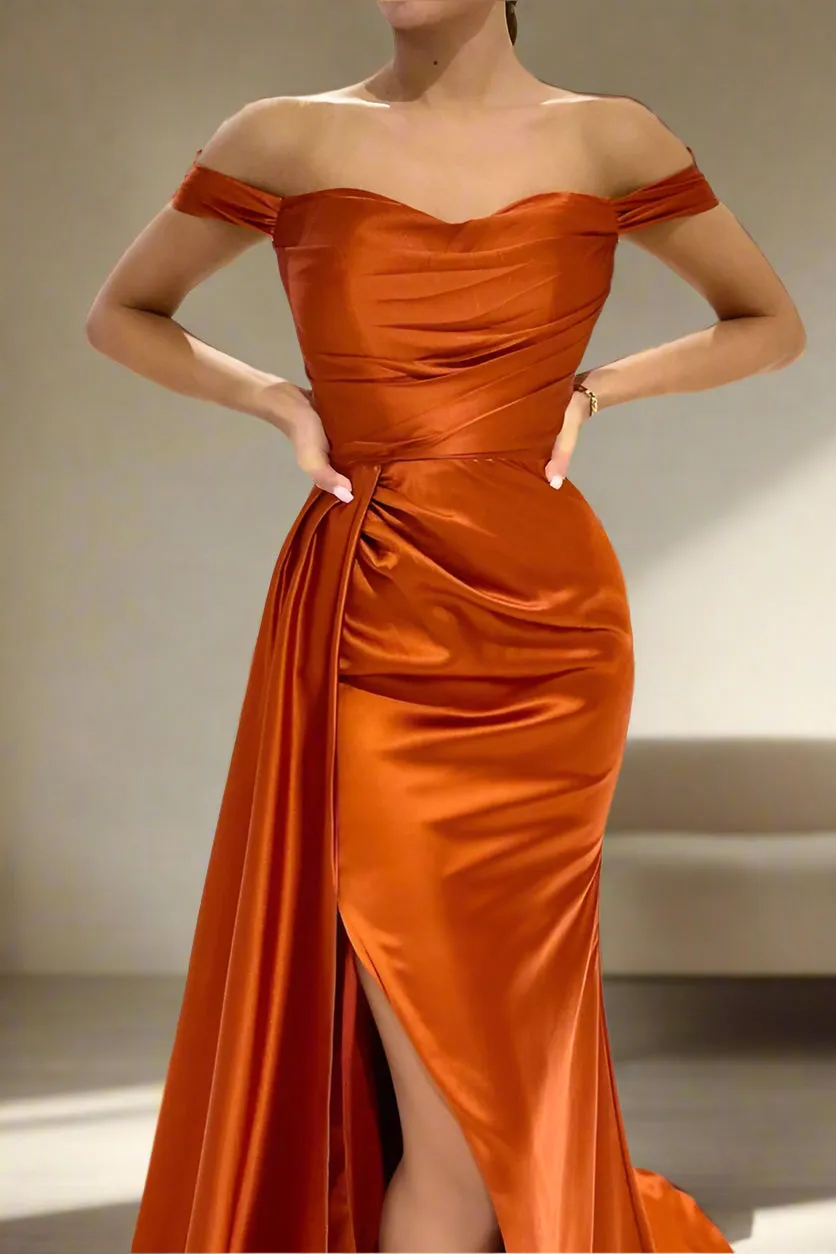 Unique Off The Shoulder Burnt Orange Ruched Mermaid Prom Dress
