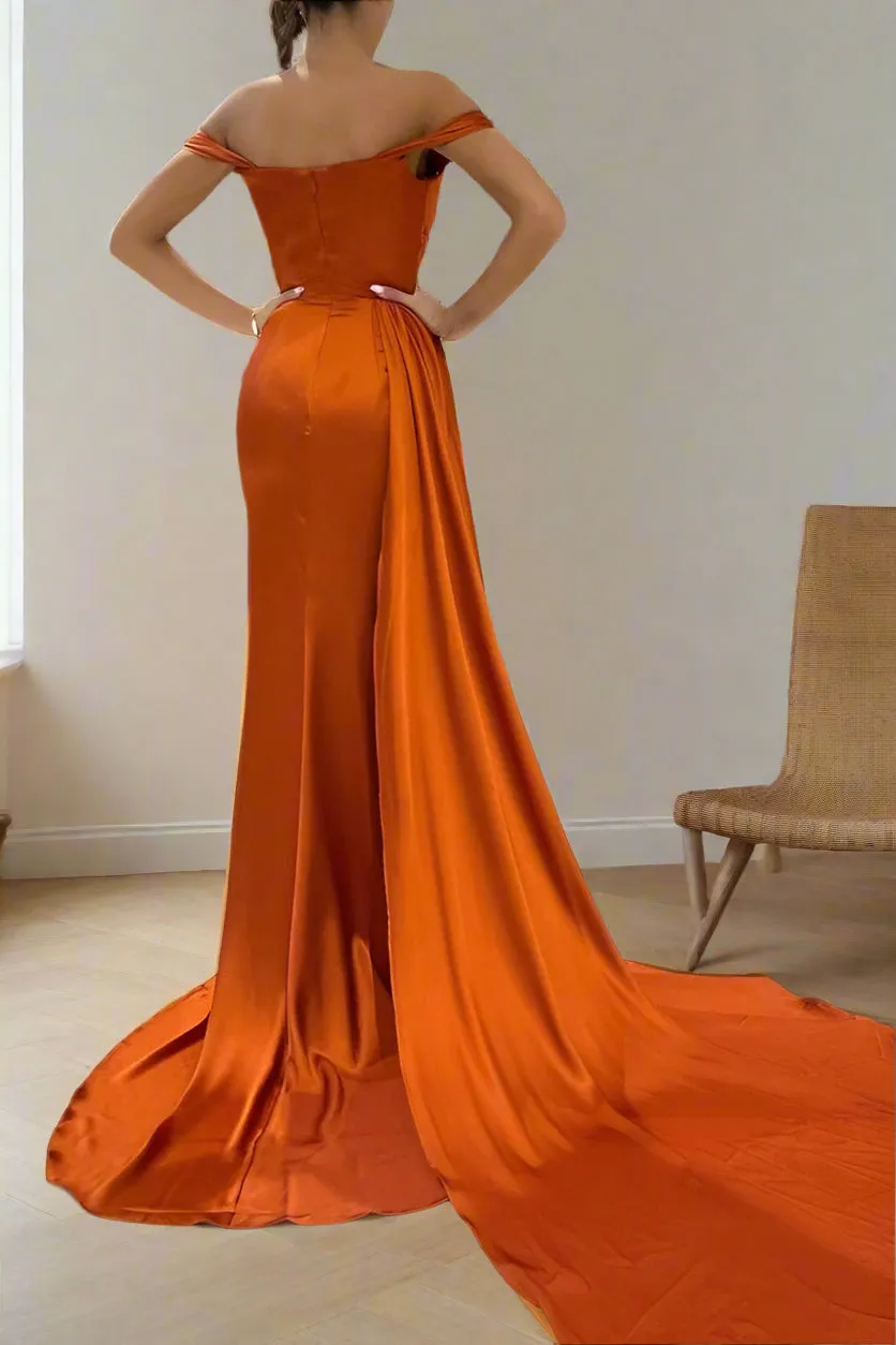 Unique Off The Shoulder Burnt Orange Ruched Mermaid Prom Dress