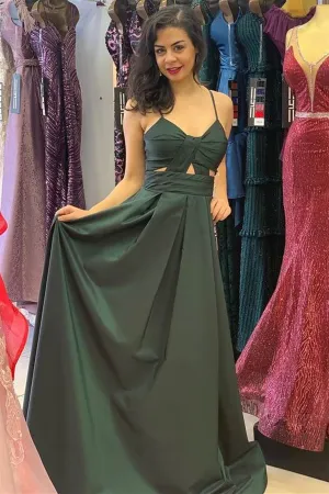 Unique V Neck Open Back Dark Green Satin Long Prom Dress, Long Dark Green Formal Graduation Evening Dress A1527
