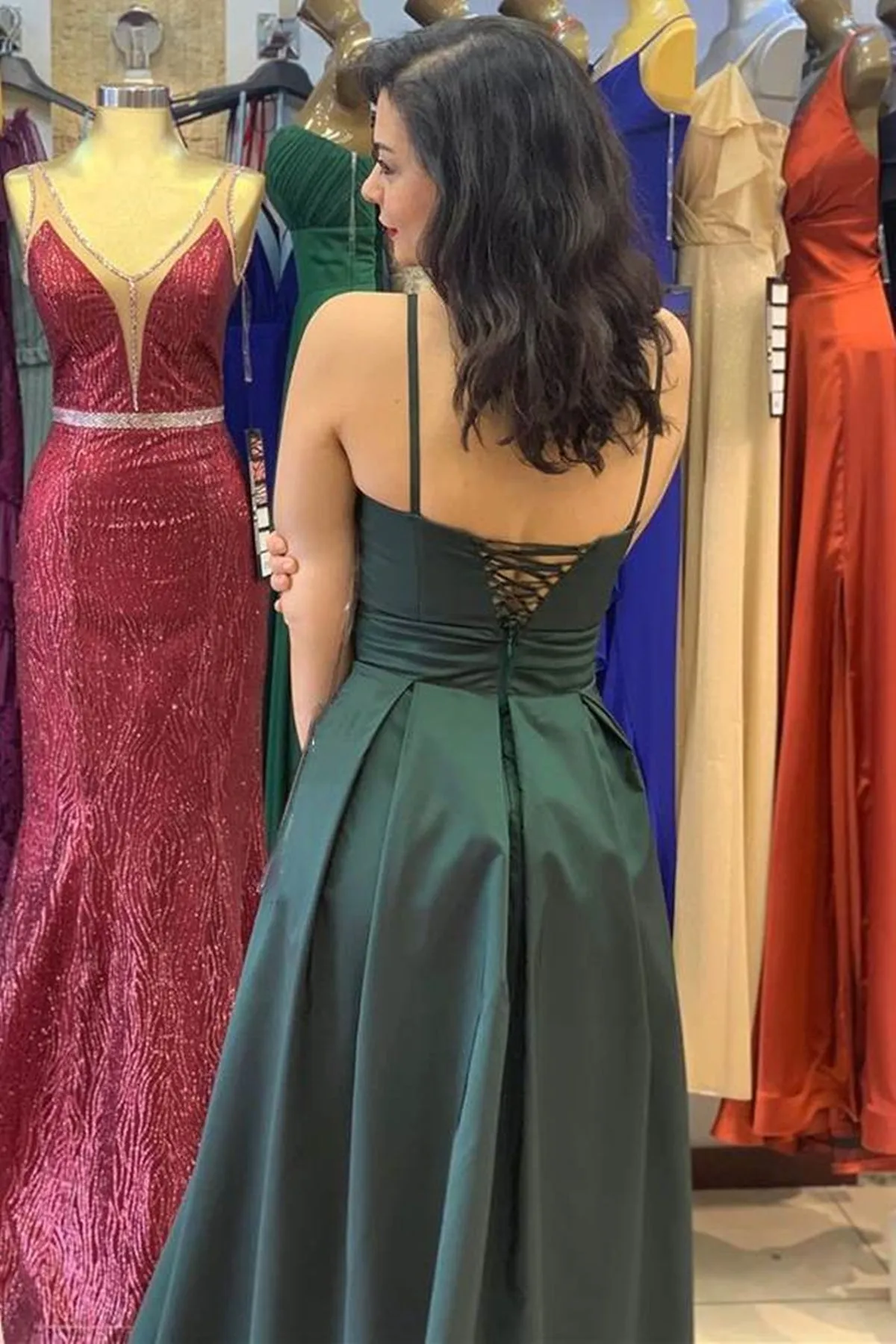 Unique V Neck Open Back Dark Green Satin Long Prom Dress, Long Dark Green Formal Graduation Evening Dress A1527