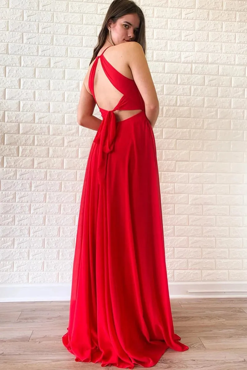 Unique V Neck Red Chiffon Long Prom Dress with High Slit, V Neck Red Formal Graduation Evening Dress