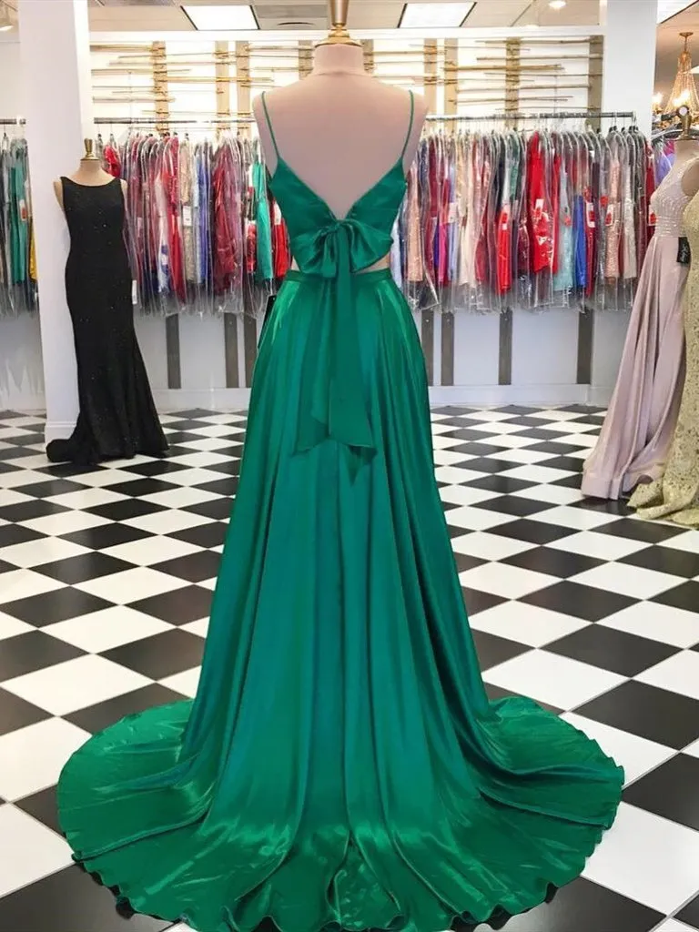 V Neck  2 Pieces Green Prom Dresses, Two Pieces Green Formal Graduation Evening Dresses