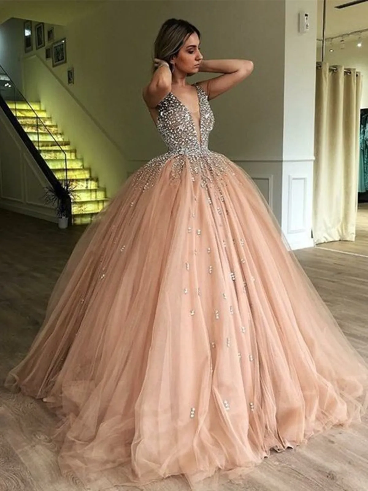 V-neck Ball-Gown Tulle Prom Dresses, V-neck Ball-Gown Beaded Formal Evening Dresses